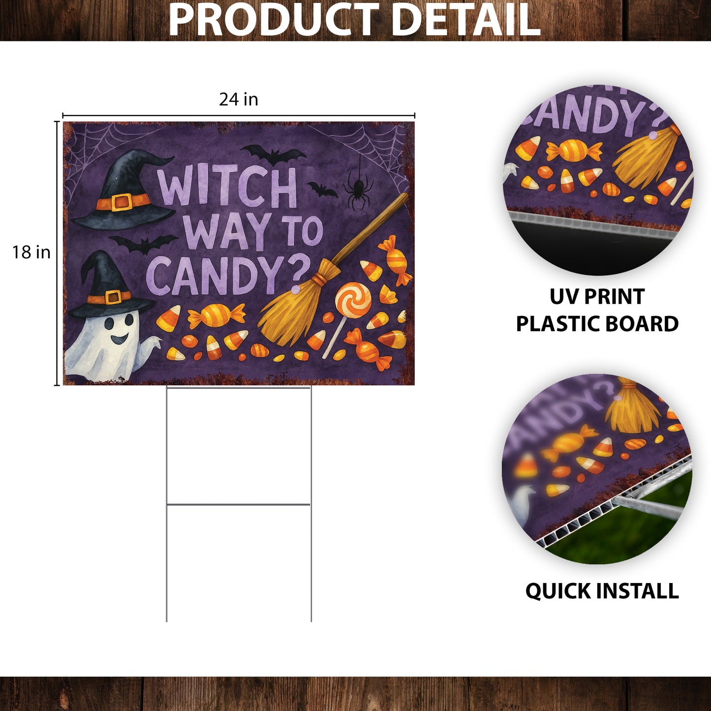 Witch Way to Candy Halloween Garden Sign – Funny Ghost Yard Stake – UV Print Corrugated Plastic Outdoor Décor