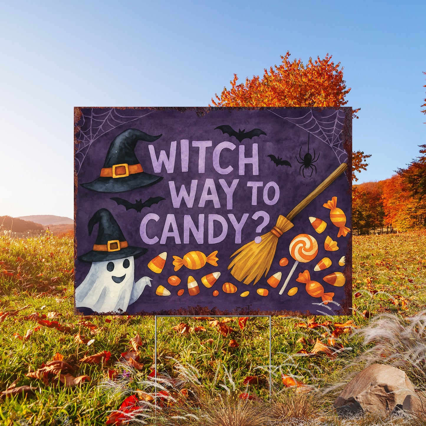 Witch Way to Candy Halloween Garden Sign – Funny Ghost Yard Stake – UV Print Corrugated Plastic Outdoor Décor