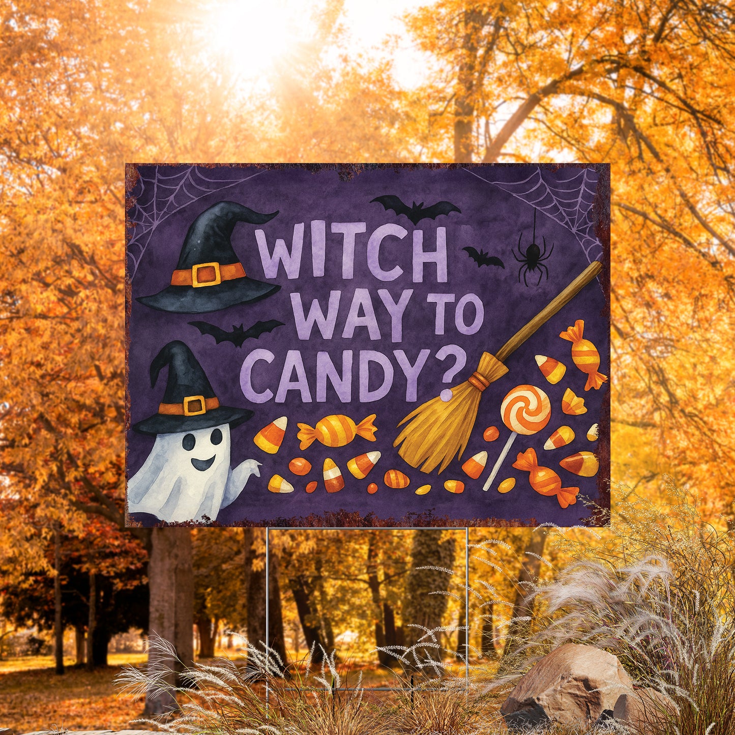 Witch Way to Candy Halloween Garden Sign – Funny Ghost Yard Stake – UV Print Corrugated Plastic Outdoor Décor