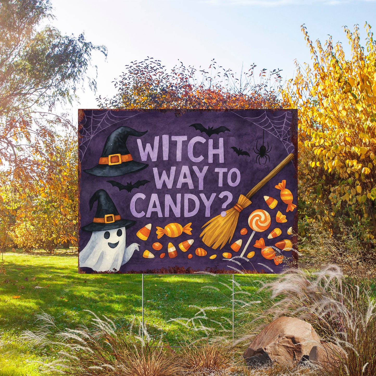 Witch Way to Candy Halloween Garden Sign – Funny Ghost Yard Stake – UV Print Corrugated Plastic Outdoor Décor