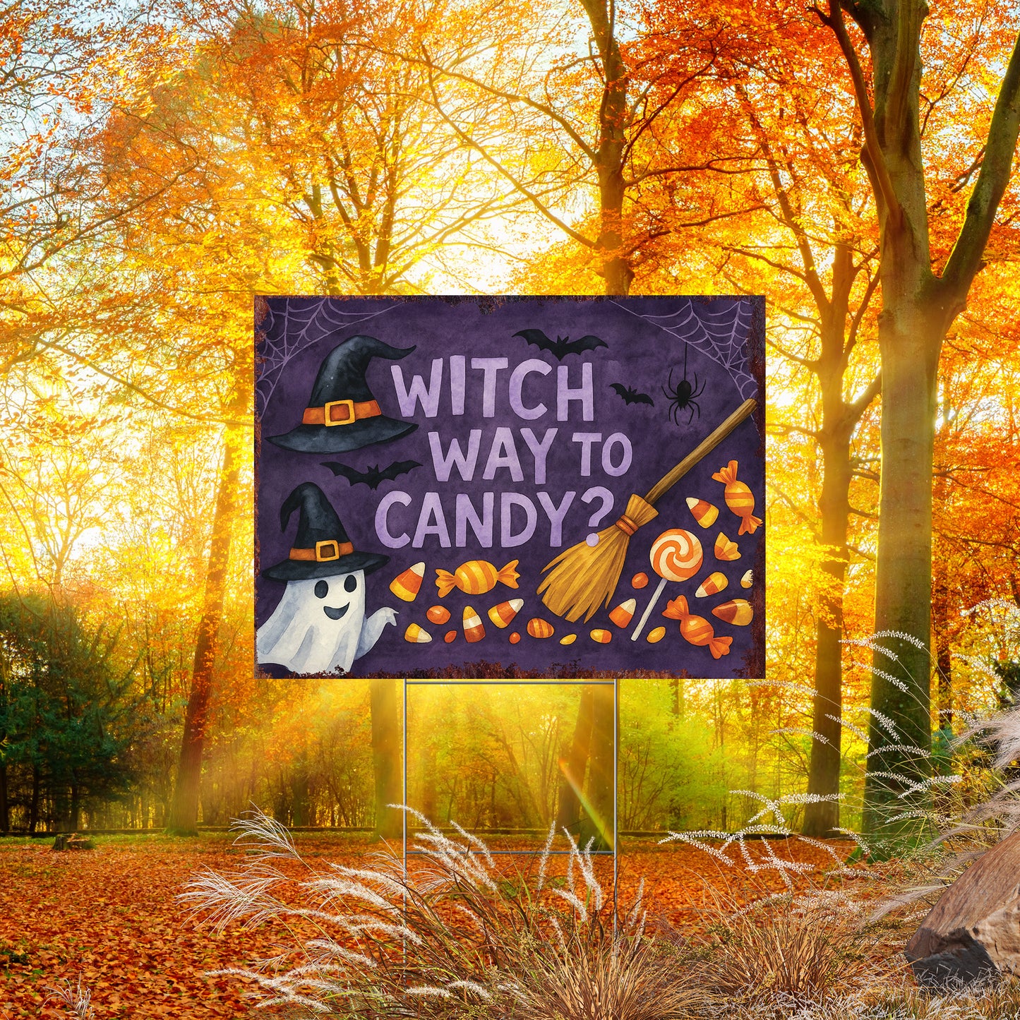Witch Way to Candy Halloween Garden Sign – Funny Ghost Yard Stake – UV Print Corrugated Plastic Outdoor Décor