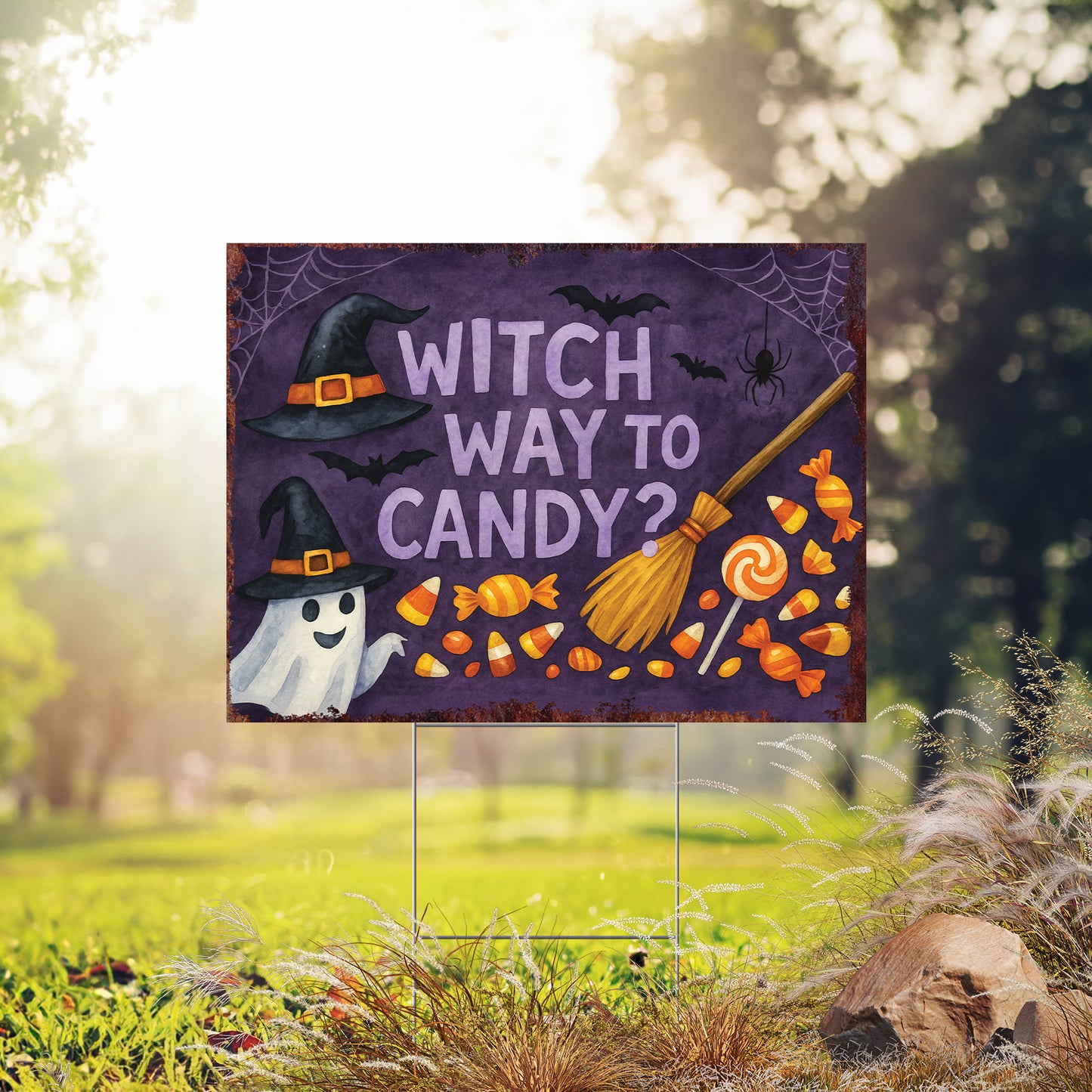 Witch Way to Candy Halloween Garden Sign – Funny Ghost Yard Stake – UV Print Corrugated Plastic Outdoor Décor