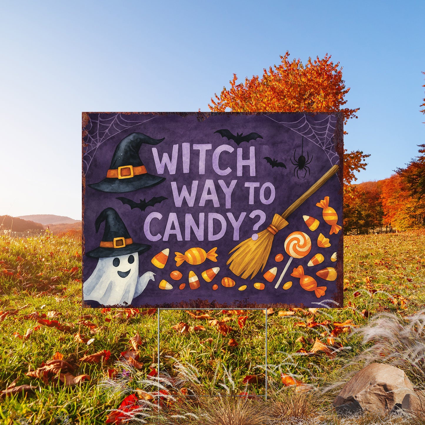 Witch Way to Candy Halloween Garden Sign – Funny Ghost Yard Stake – UV Print Corrugated Plastic Outdoor Décor