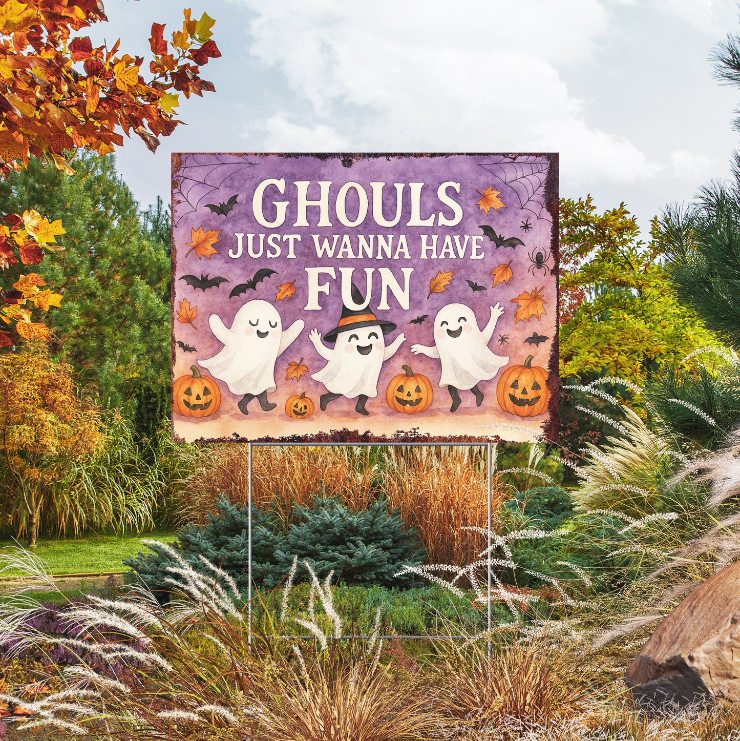 Ghouls Just Wanna Have Fun Halloween Garden Sign – Cute Ghost Yard Stake – UV Print Outdoor Halloween Décor
