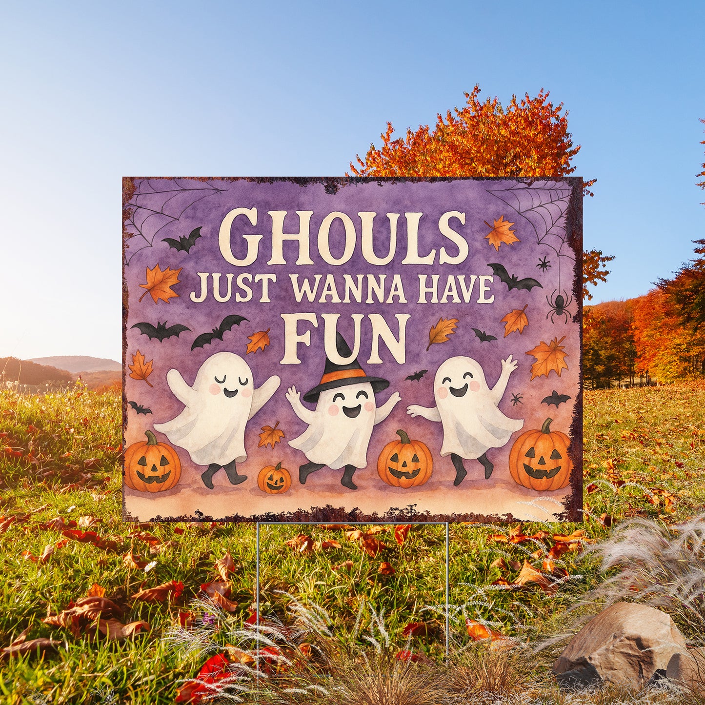 Ghouls Just Wanna Have Fun Halloween Garden Sign – Cute Ghost Yard Stake – UV Print Outdoor Halloween Décor