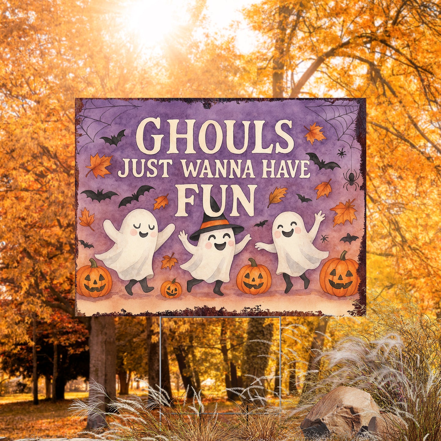 Ghouls Just Wanna Have Fun Halloween Garden Sign – Cute Ghost Yard Stake – UV Print Outdoor Halloween Décor