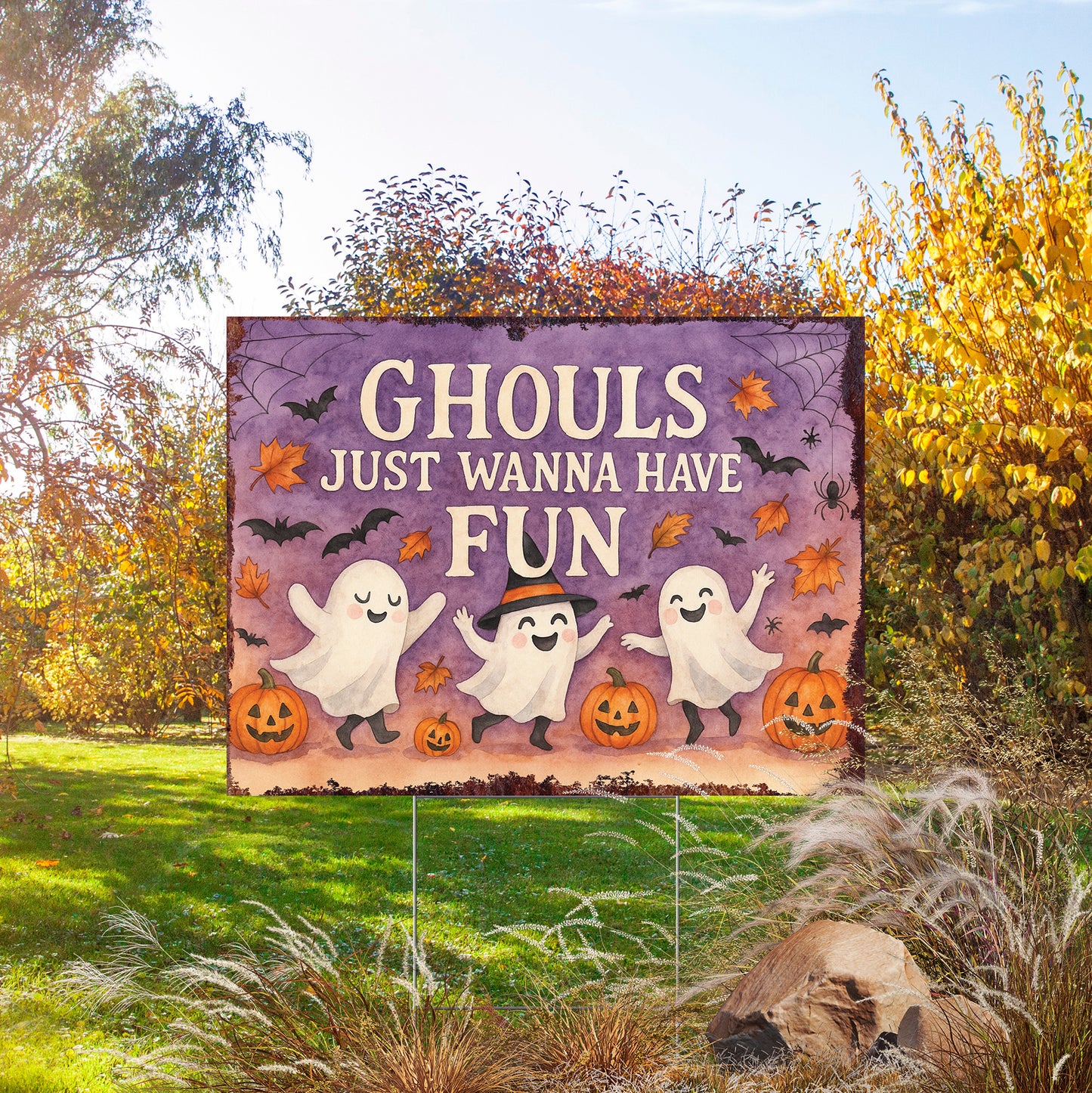 Ghouls Just Wanna Have Fun Halloween Garden Sign – Cute Ghost Yard Stake – UV Print Outdoor Halloween Décor