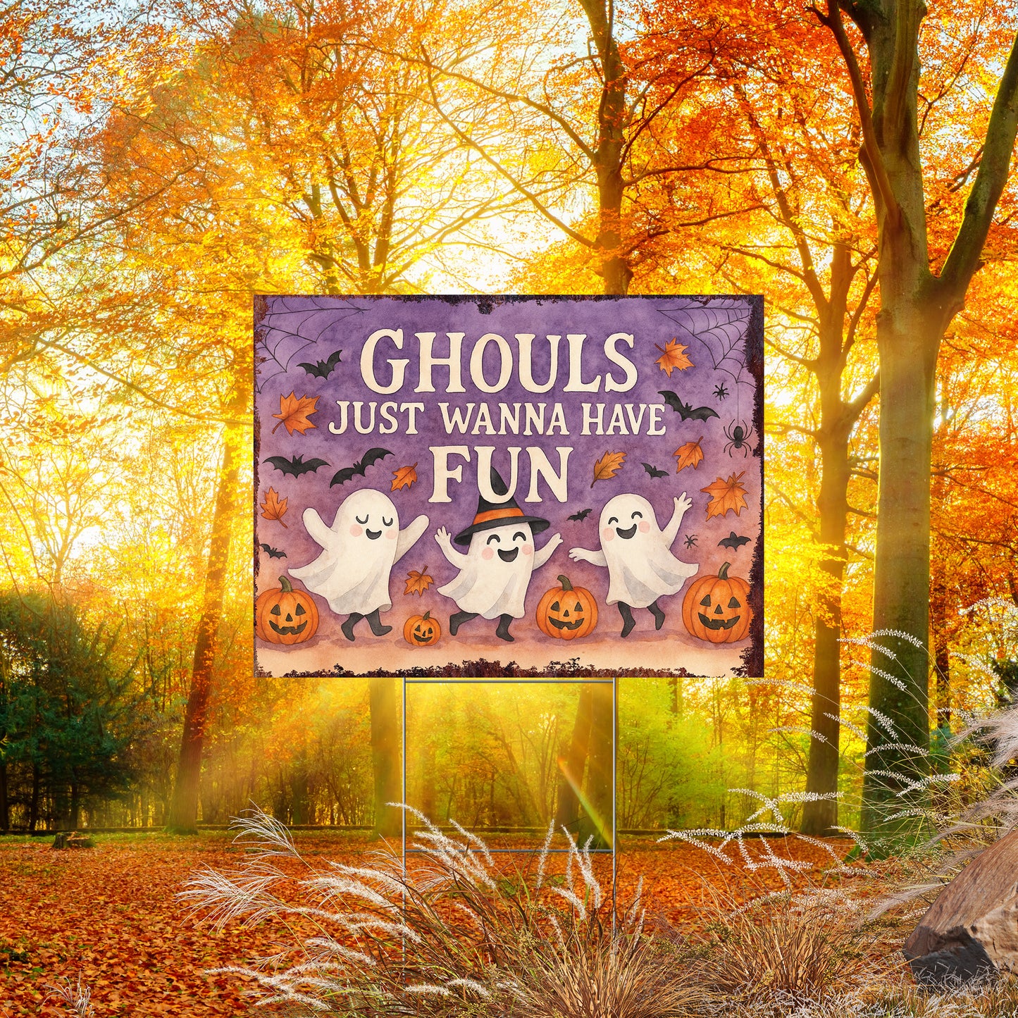 Ghouls Just Wanna Have Fun Halloween Garden Sign – Cute Ghost Yard Stake – UV Print Outdoor Halloween Décor