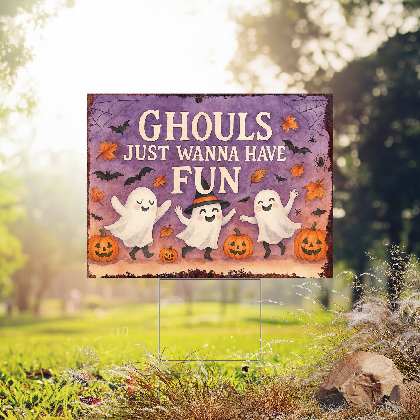 Ghouls Just Wanna Have Fun Halloween Garden Sign – Cute Ghost Yard Stake – UV Print Outdoor Halloween Décor