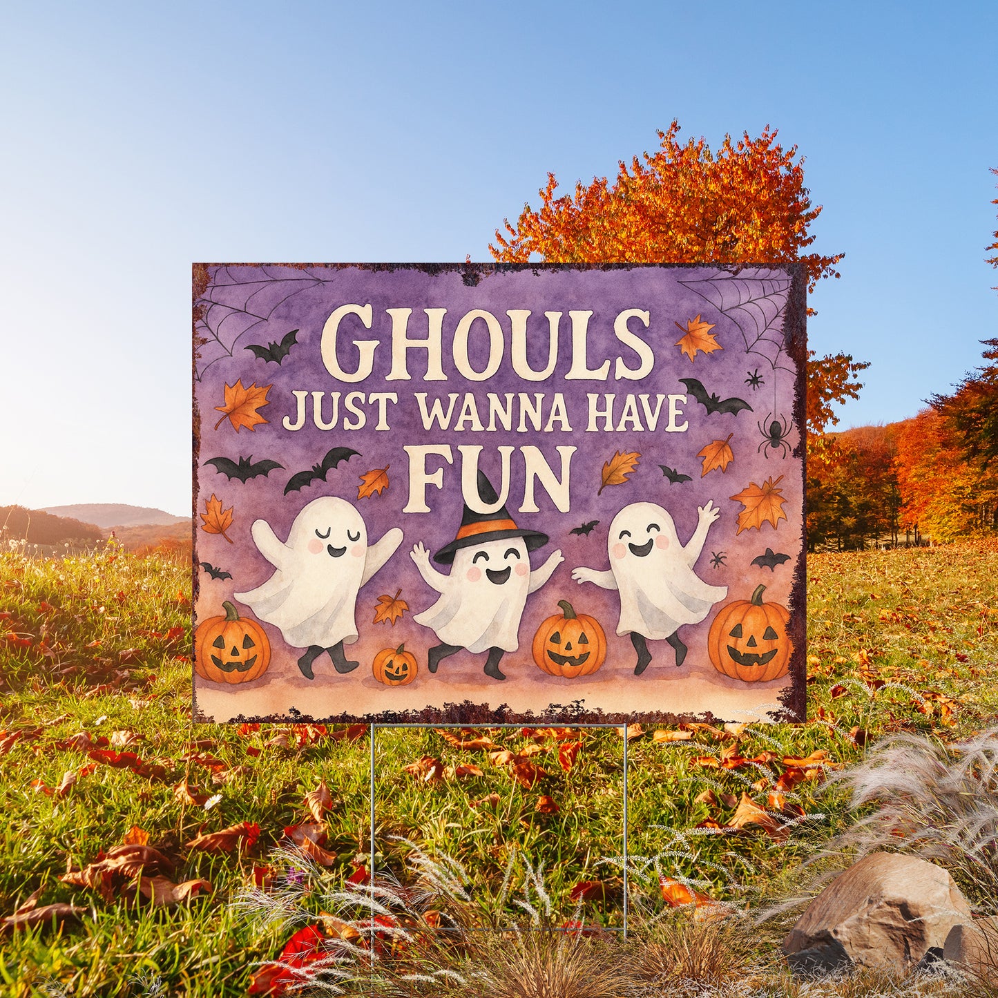 Ghouls Just Wanna Have Fun Halloween Garden Sign – Cute Ghost Yard Stake – UV Print Outdoor Halloween Décor