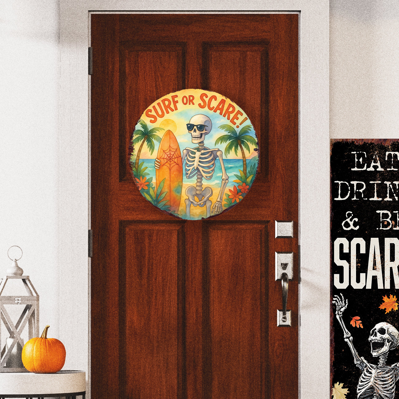 Surf or Scare Halloween Door Hanger – Summerween Skeleton Décor – Round UV Print Sign for Front Door
