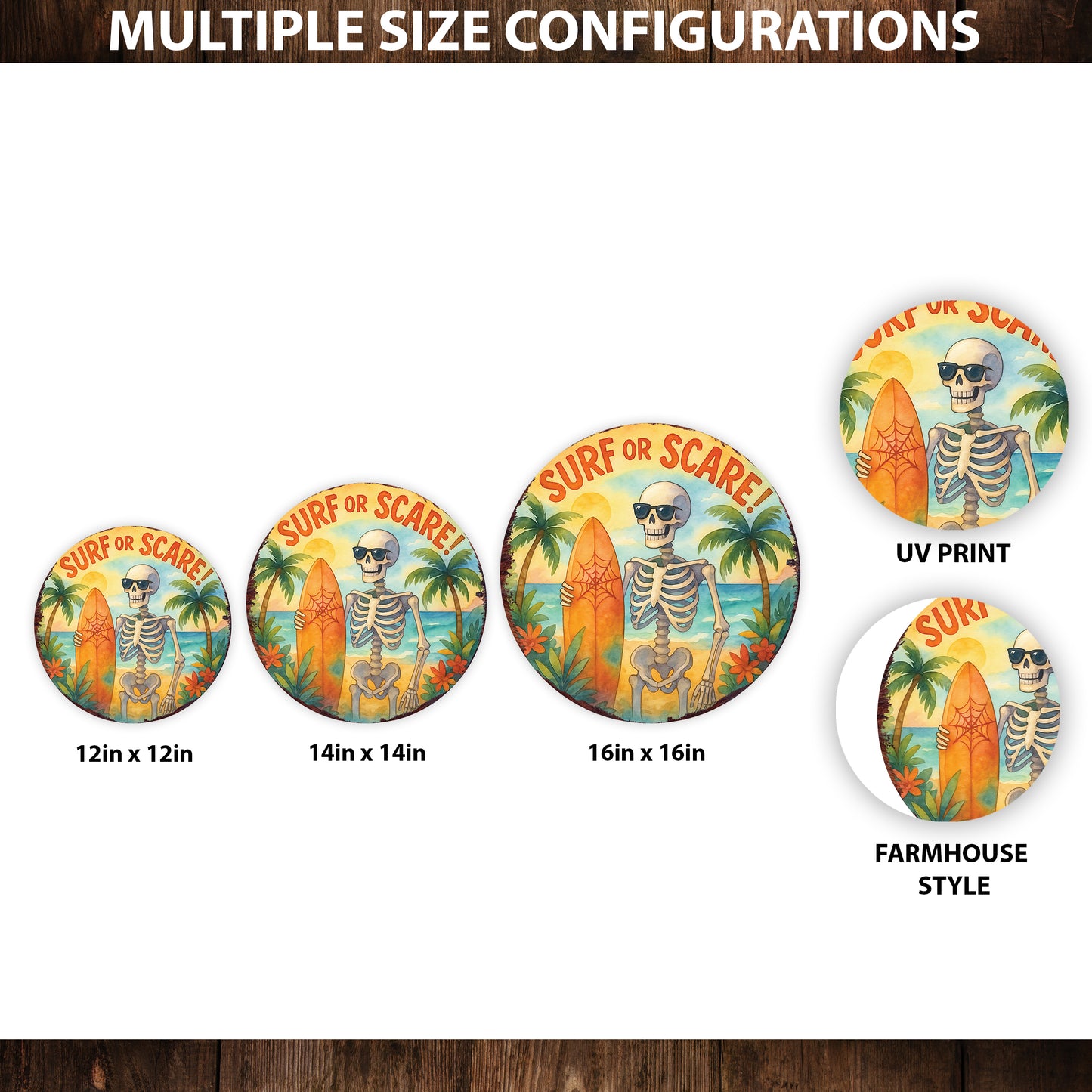 Surf or Scare Halloween Door Hanger – Summerween Skeleton Décor – Round UV Print Sign for Front Door