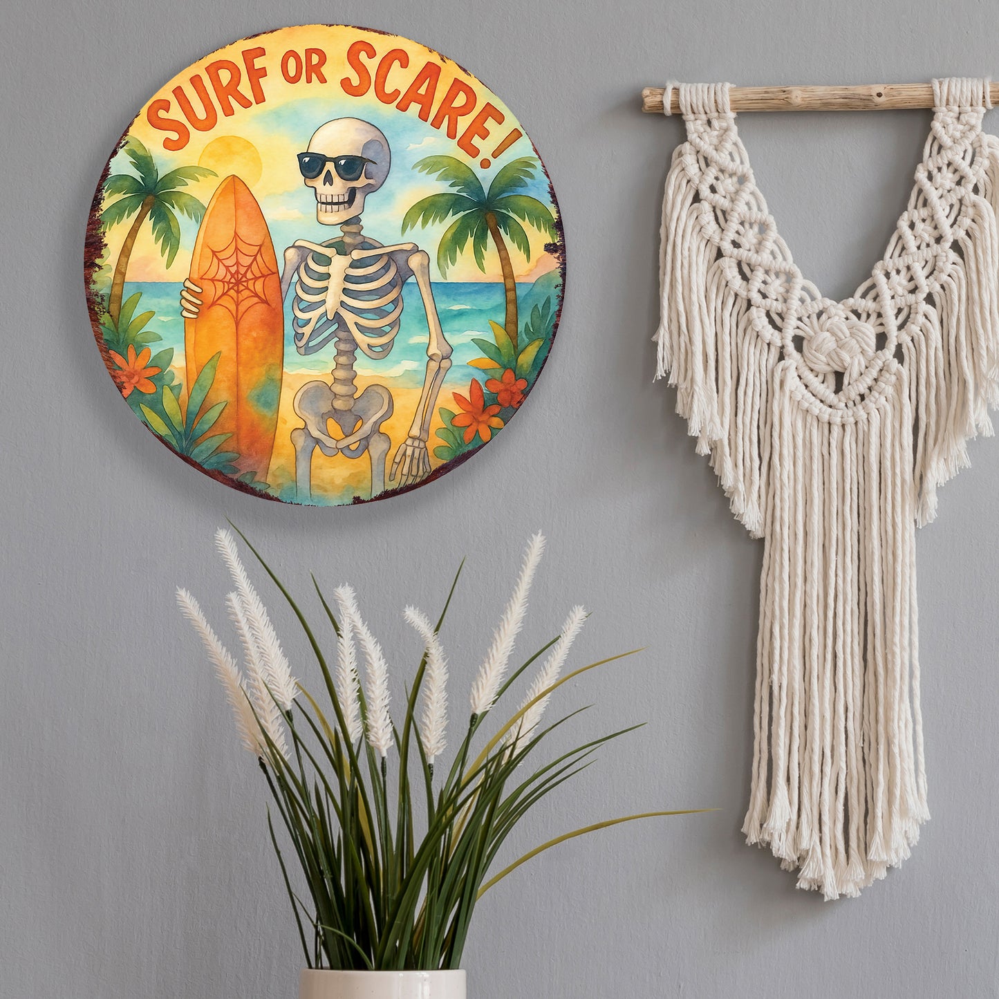 Surf or Scare Halloween Door Hanger – Summerween Skeleton Décor – Round UV Print Sign for Front Door