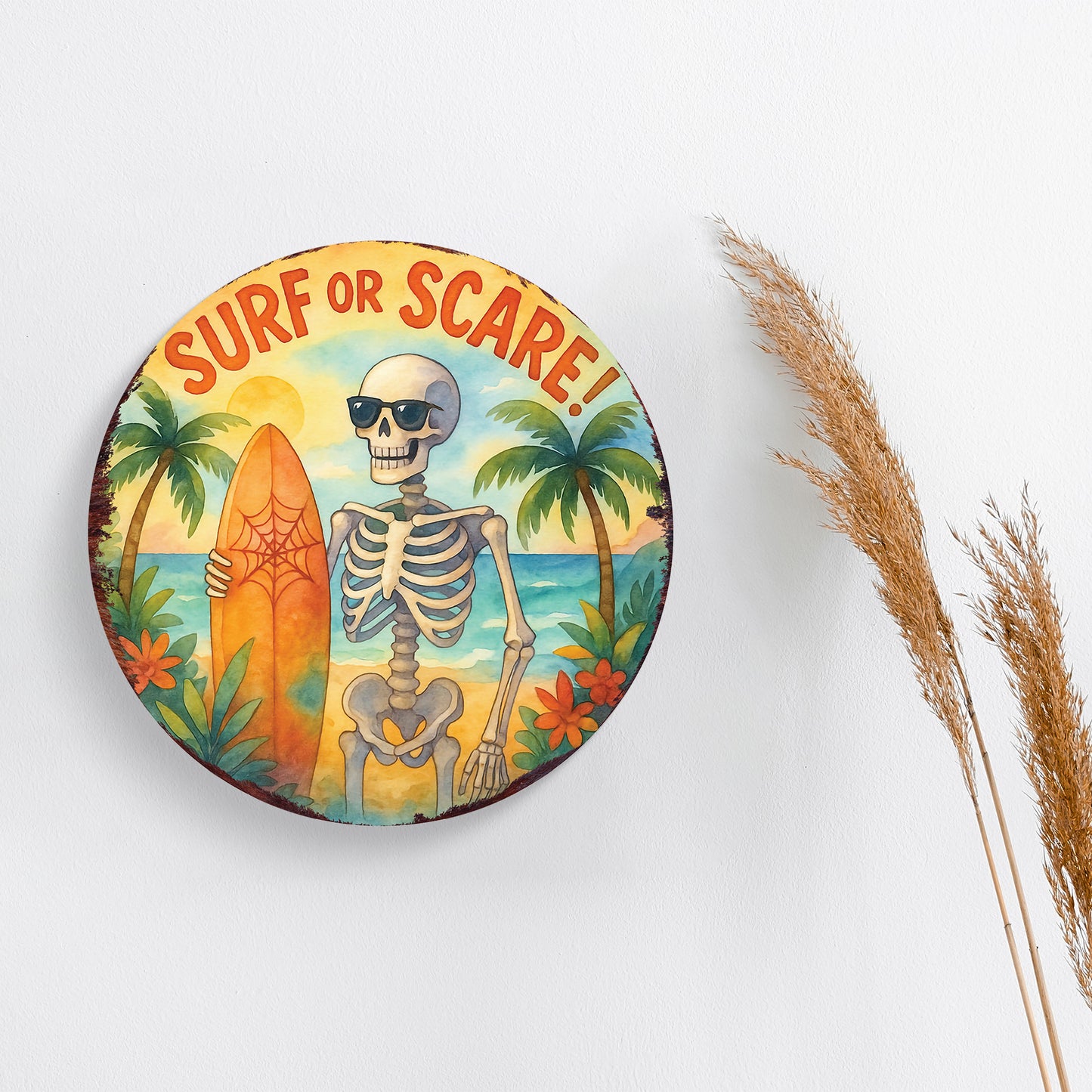 Surf or Scare Halloween Door Hanger – Summerween Skeleton Décor – Round UV Print Sign for Front Door