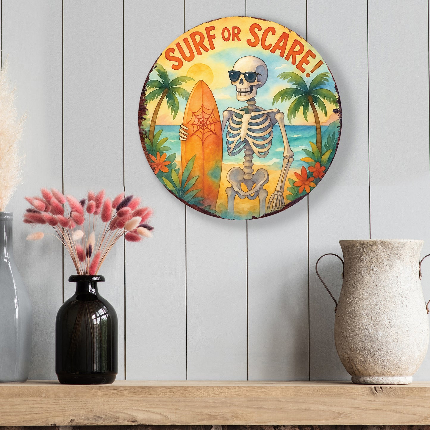 Surf or Scare Halloween Door Hanger – Summerween Skeleton Décor – Round UV Print Sign for Front Door