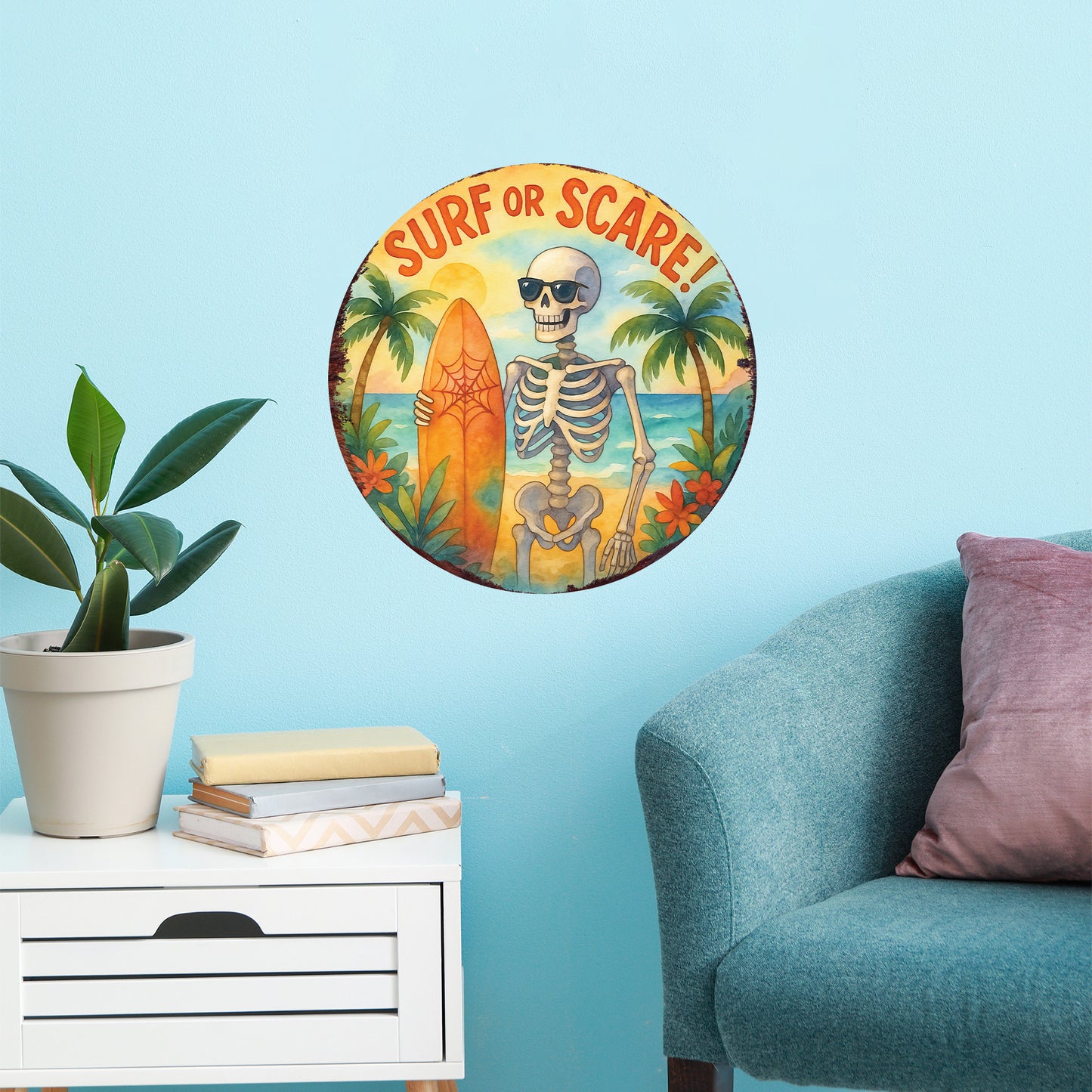 Surf or Scare Halloween Door Hanger – Summerween Skeleton Décor – Round UV Print Sign for Front Door