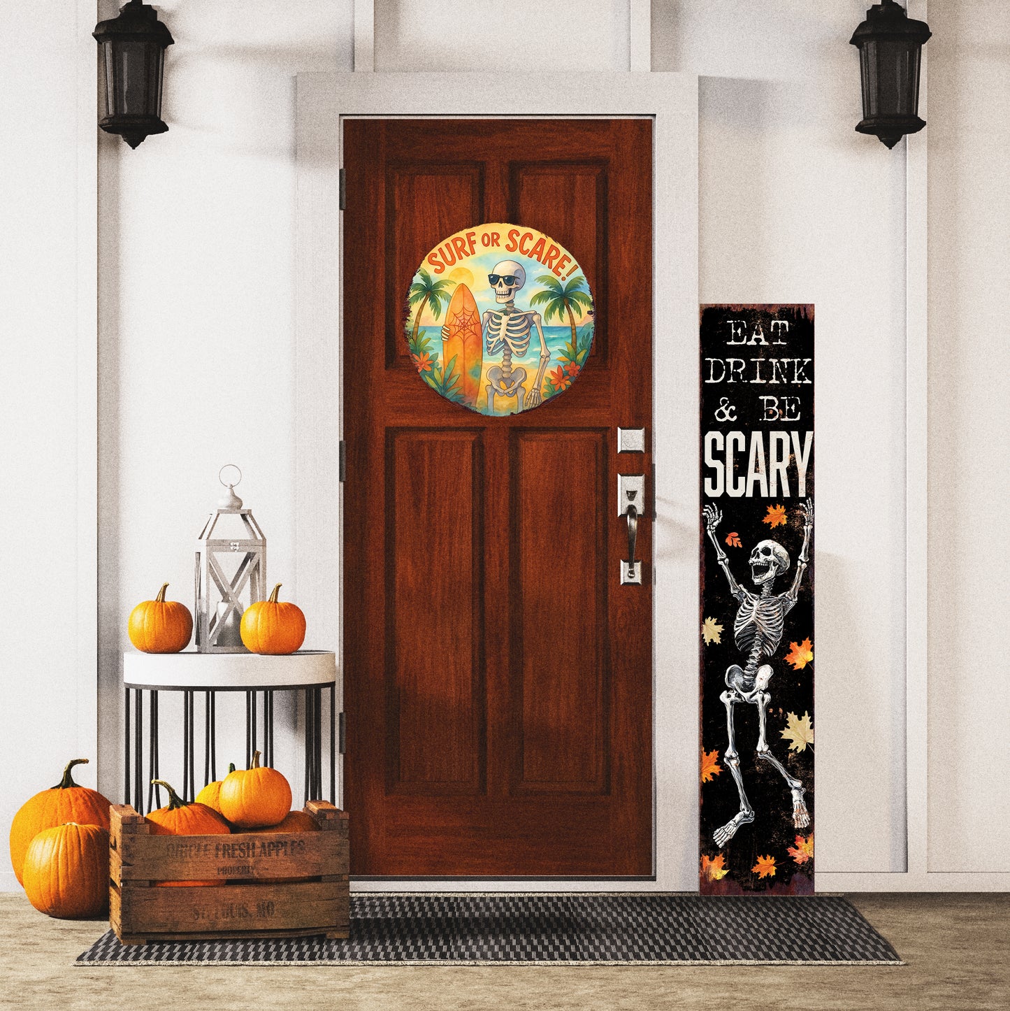 Surf or Scare Halloween Door Hanger – Summerween Skeleton Décor – Round UV Print Sign for Front Door