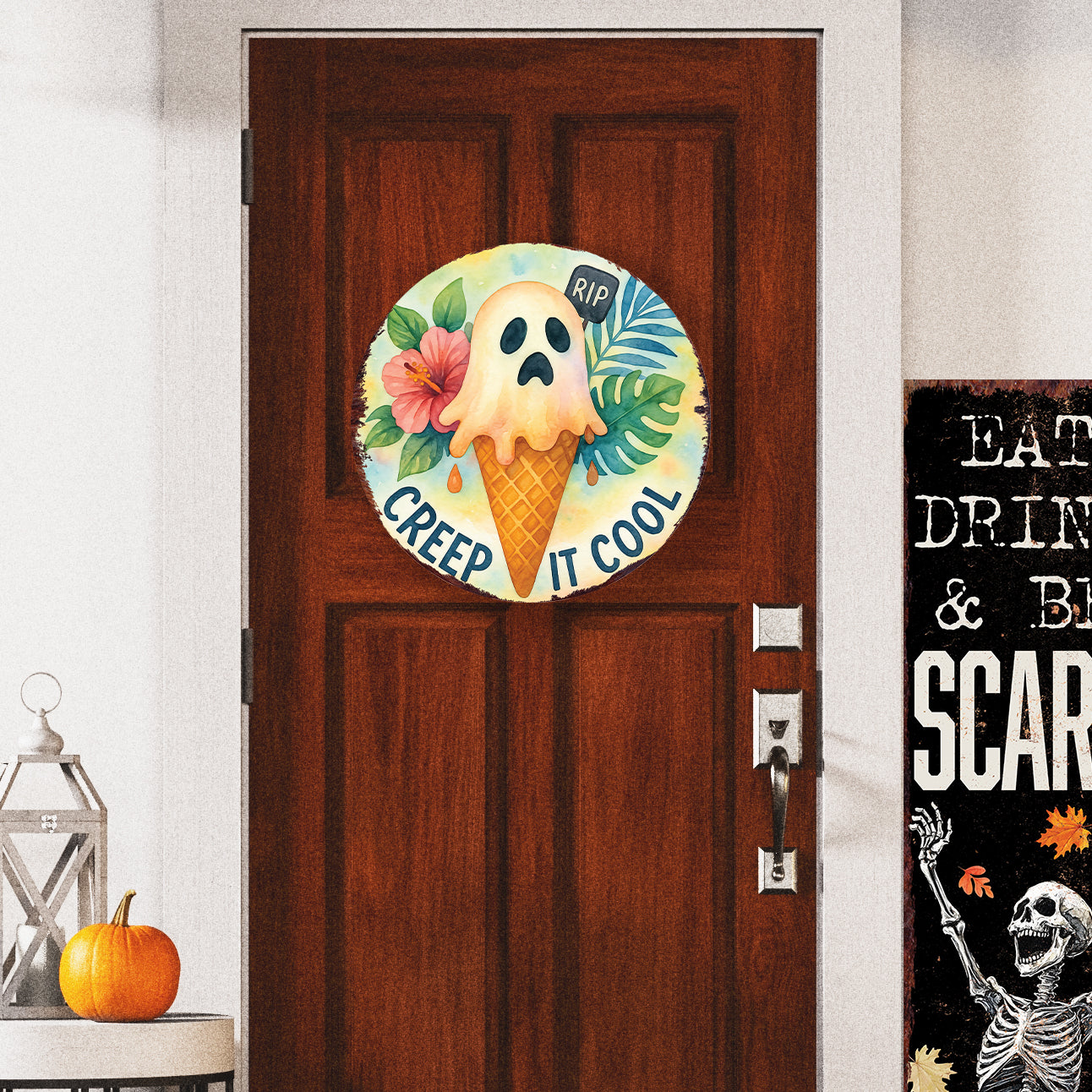 Creep It Cool Halloween Door Hanger – Summerween Ghost Ice Cream Décor – Round UV Print Sign