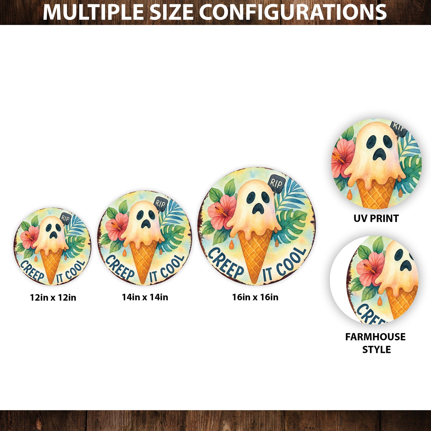 Creep It Cool Halloween Door Hanger – Summerween Ghost Ice Cream Décor – Round UV Print Sign