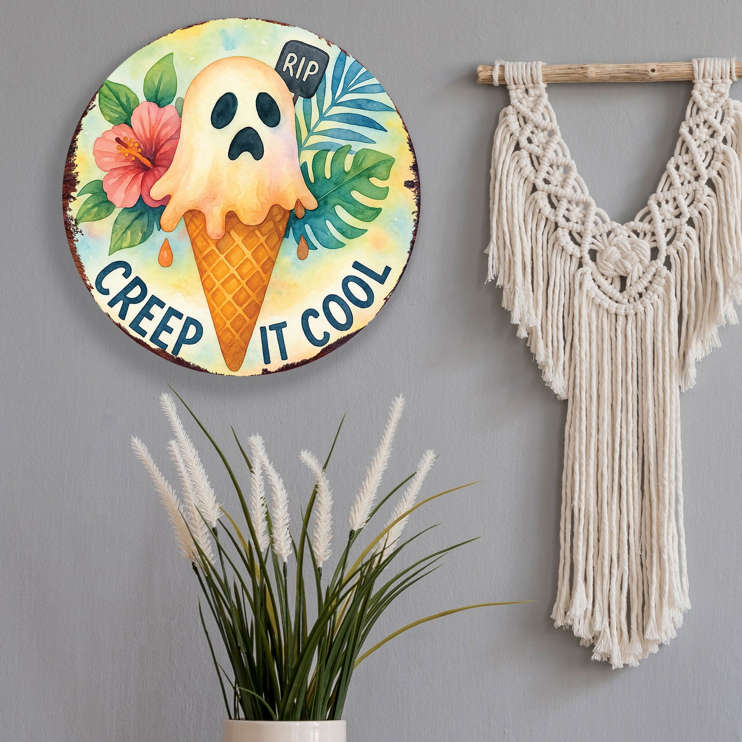 Creep It Cool Halloween Door Hanger – Summerween Ghost Ice Cream Décor – Round UV Print Sign