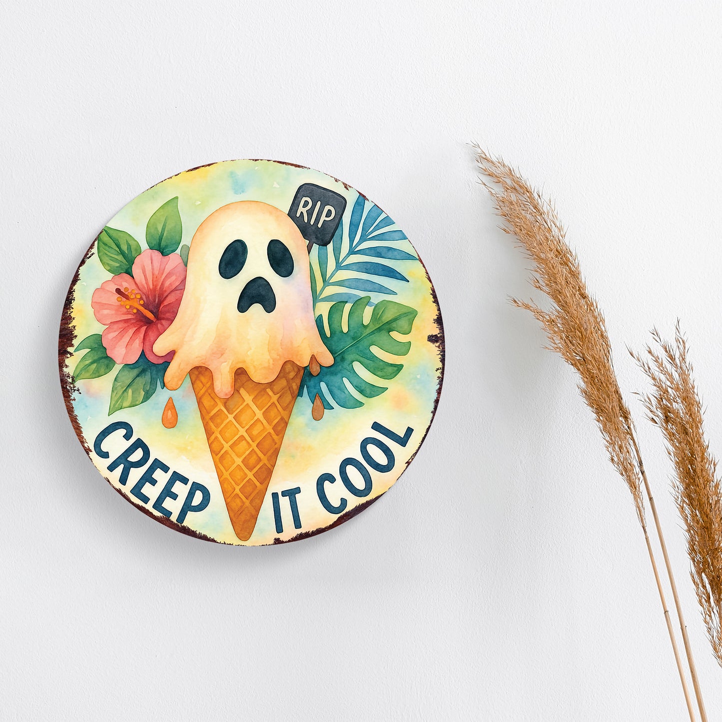 Creep It Cool Halloween Door Hanger – Summerween Ghost Ice Cream Décor – Round UV Print Sign