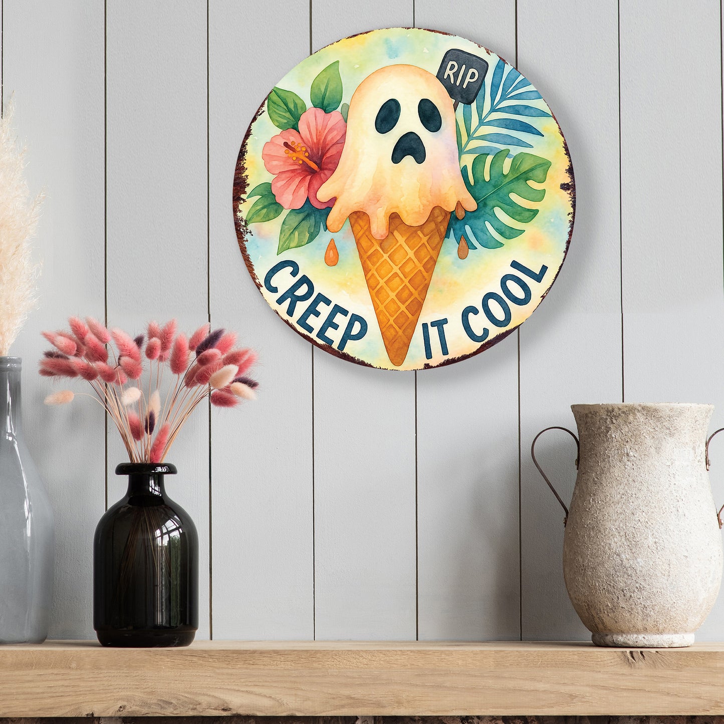 Creep It Cool Halloween Door Hanger – Summerween Ghost Ice Cream Décor – Round UV Print Sign