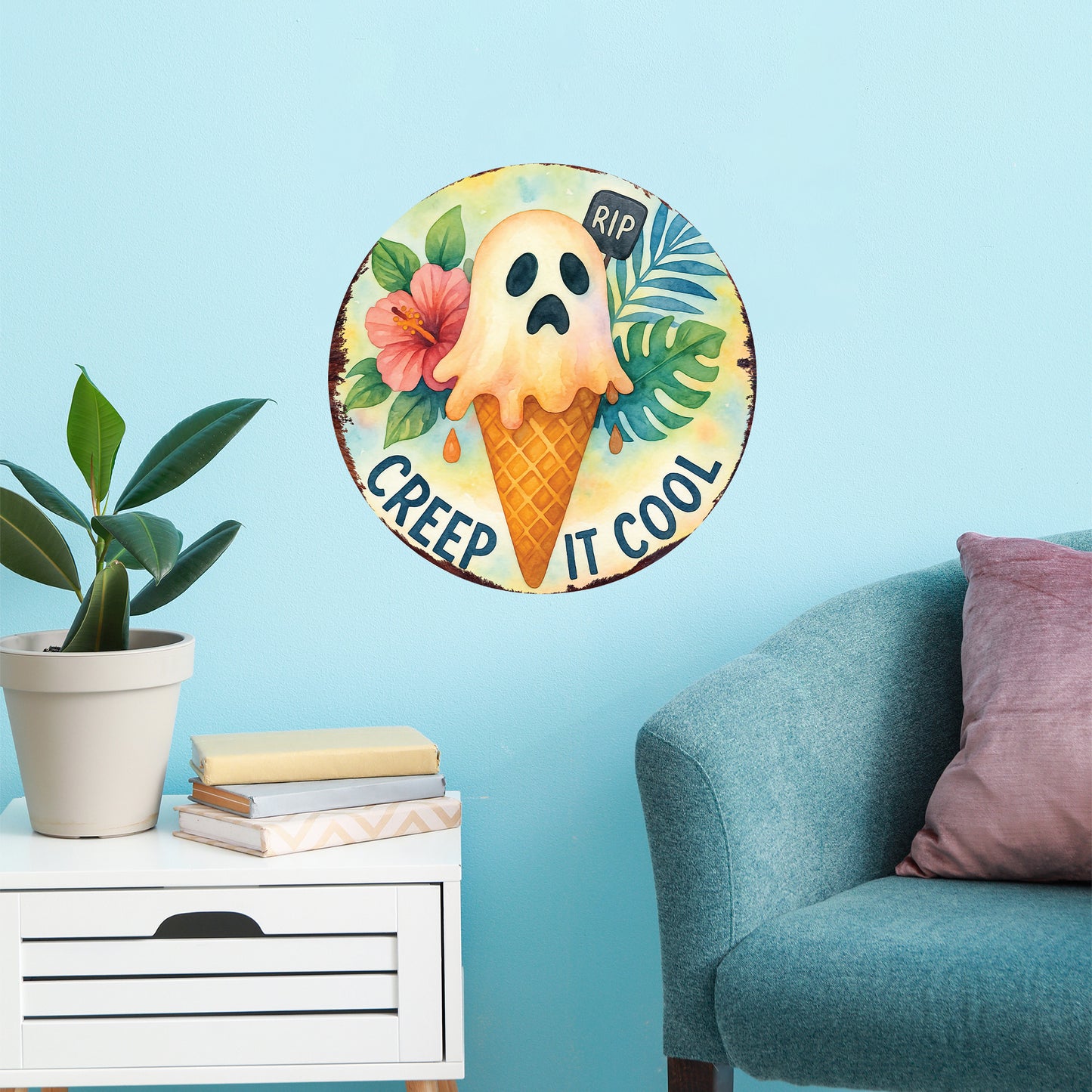 Creep It Cool Halloween Door Hanger – Summerween Ghost Ice Cream Décor – Round UV Print Sign