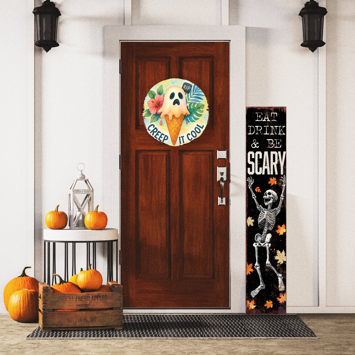 Creep It Cool Halloween Door Hanger – Summerween Ghost Ice Cream Décor – Round UV Print Sign