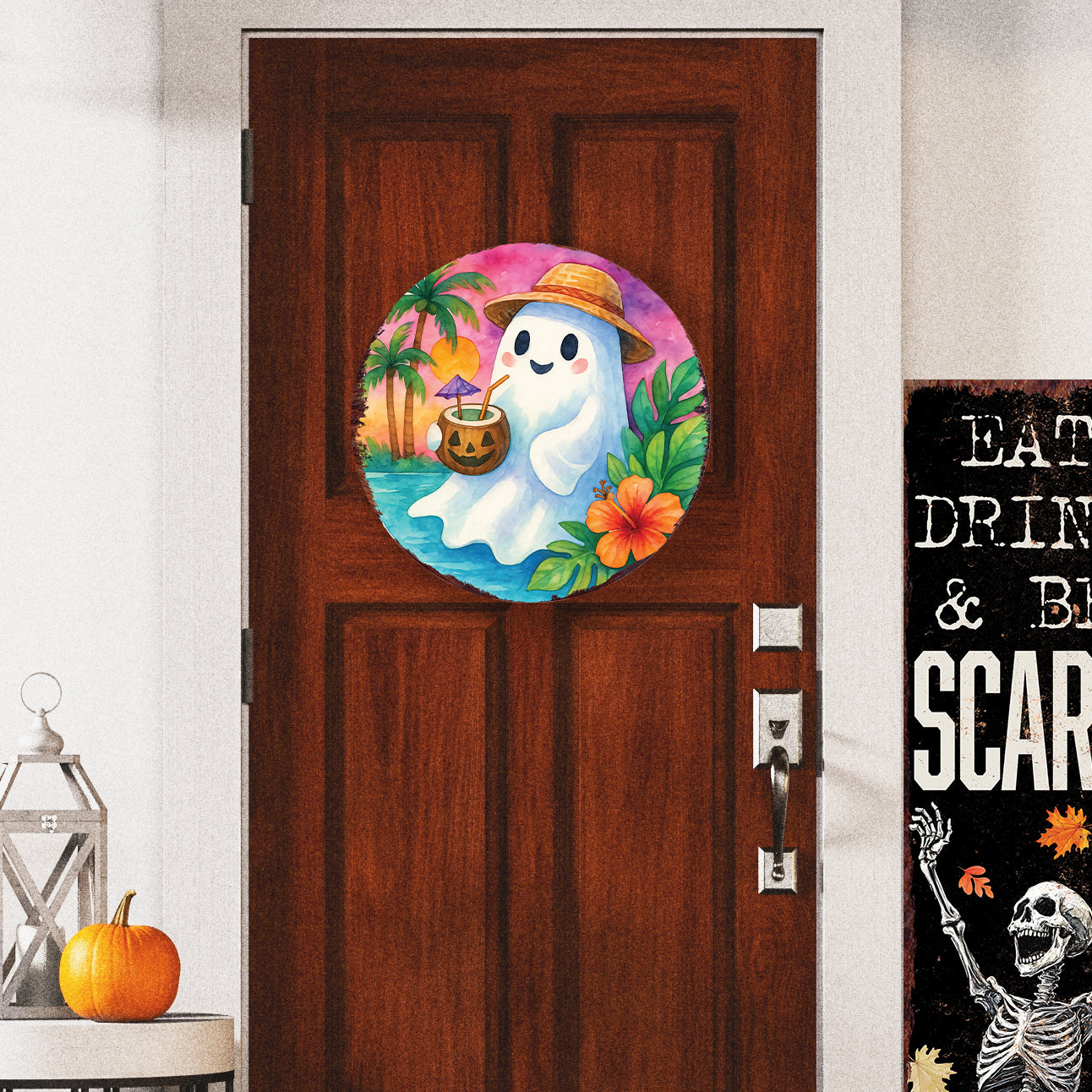 Summerween Ghost Door Hanger – Halloween Tropical Décor with UV Print – Round Sign for Front Door or Patio