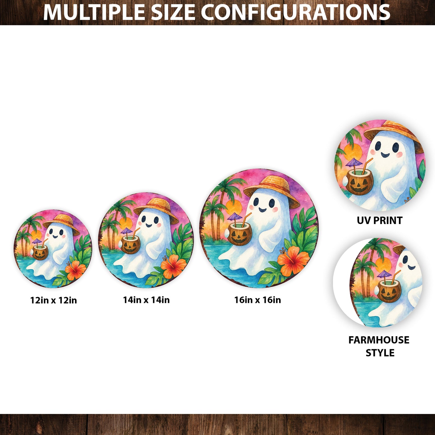Summerween Ghost Door Hanger – Halloween Tropical Décor with UV Print – Round Sign for Front Door or Patio