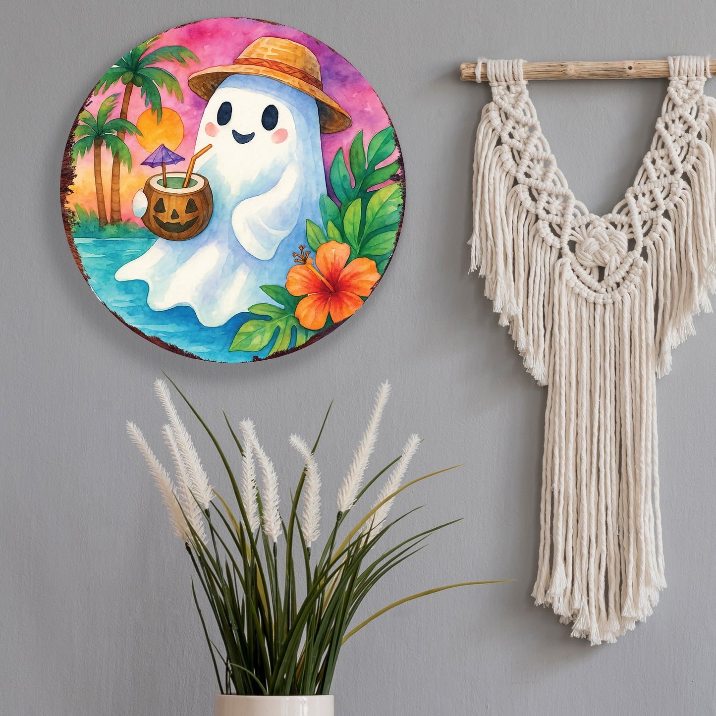 Summerween Ghost Door Hanger – Halloween Tropical Décor with UV Print – Round Sign for Front Door or Patio