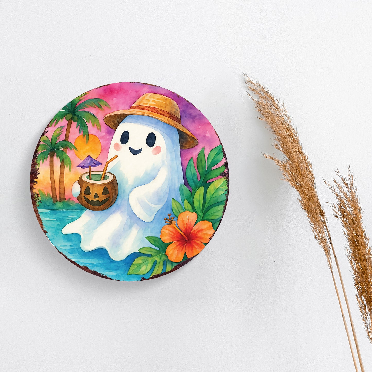 Summerween Ghost Door Hanger – Halloween Tropical Décor with UV Print – Round Sign for Front Door or Patio