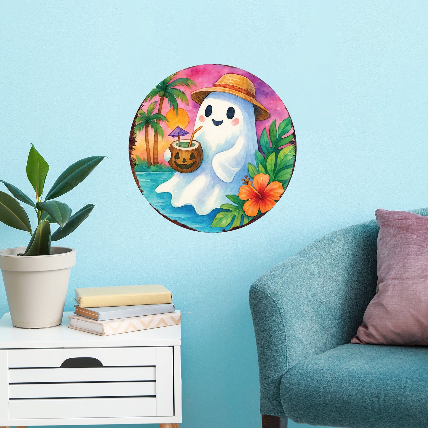 Summerween Ghost Door Hanger – Halloween Tropical Décor with UV Print – Round Sign for Front Door or Patio