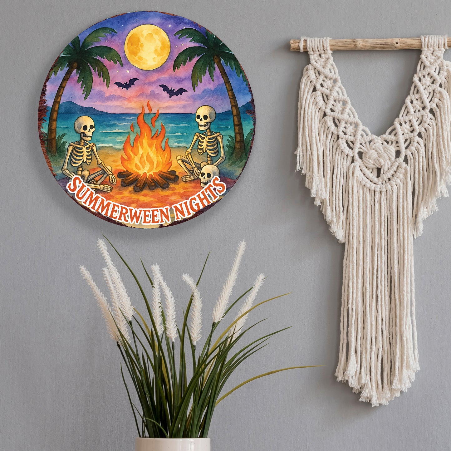 Summerween Nights Door Hanger – Halloween Beach Skeleton Decor – UV Print Round Sign for Front Door or Porch