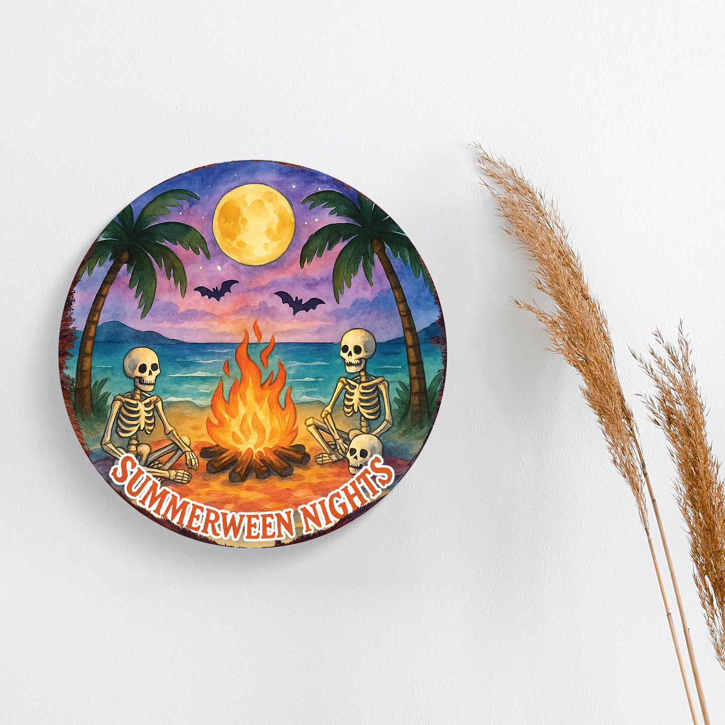 Summerween Nights Door Hanger – Halloween Beach Skeleton Decor – UV Print Round Sign for Front Door or Porch