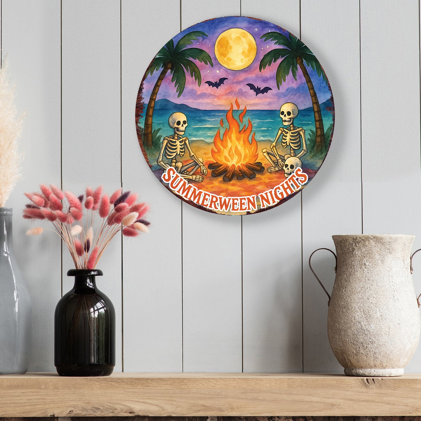 Summerween Nights Door Hanger – Halloween Beach Skeleton Decor – UV Print Round Sign for Front Door or Porch