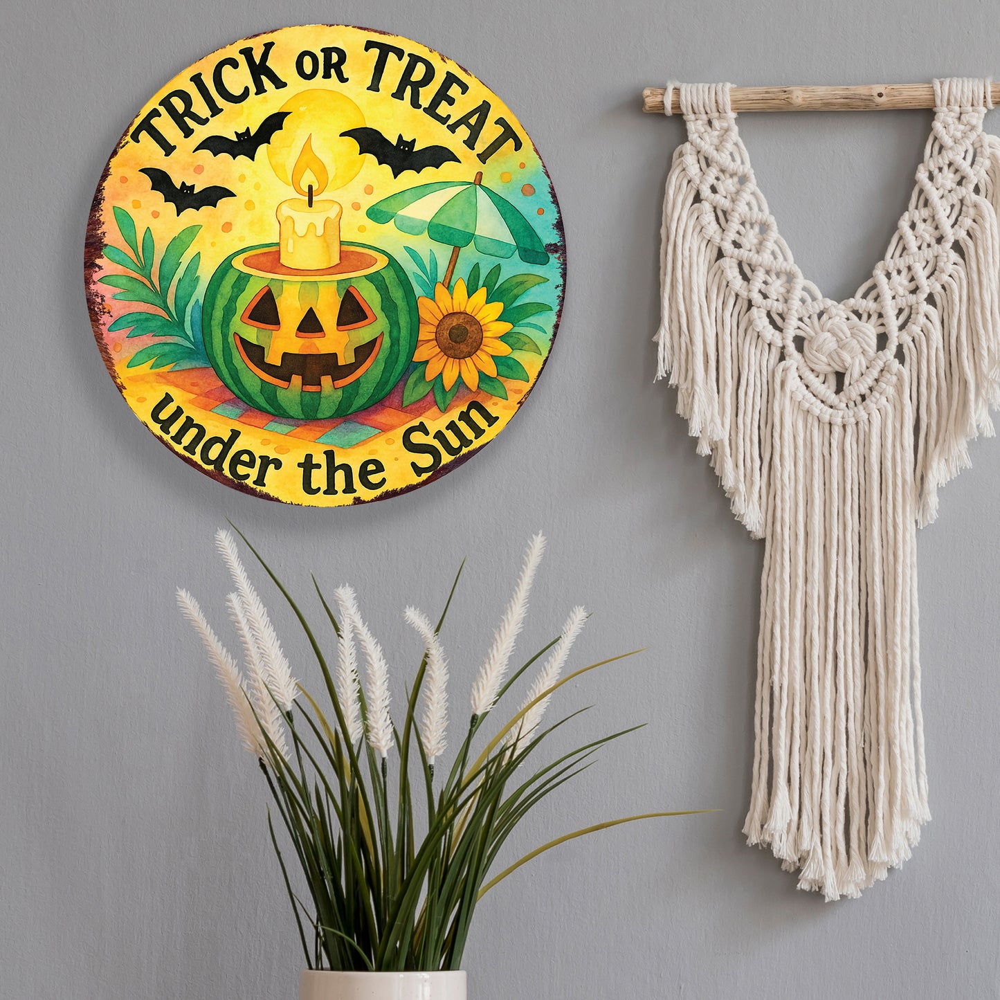 Trick or Treat Under the Sun Door Hanger – Summerween Pumpkin Sign – UV Print Round Décor for Front Door or Porch