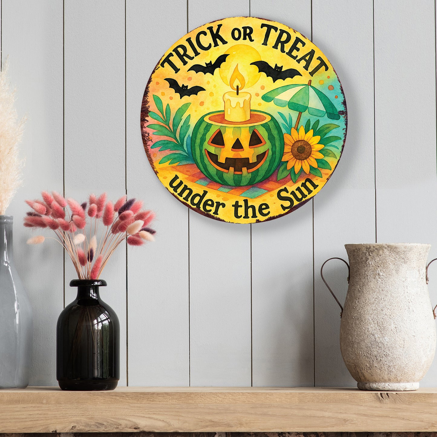 Trick or Treat Under the Sun Door Hanger – Summerween Pumpkin Sign – UV Print Round Décor for Front Door or Porch