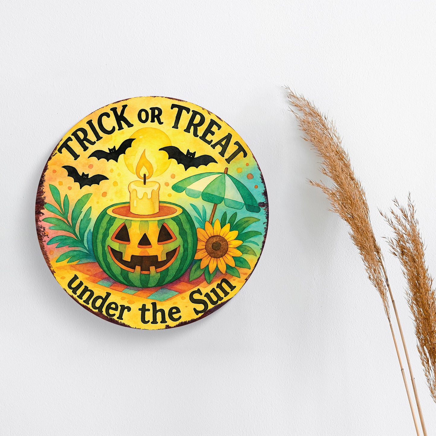 Trick or Treat Under the Sun Door Hanger – Summerween Pumpkin Sign – UV Print Round Décor for Front Door or Porch