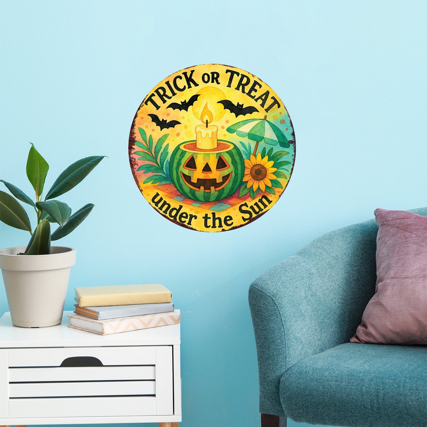 Trick or Treat Under the Sun Door Hanger – Summerween Pumpkin Sign – UV Print Round Décor for Front Door or Porch