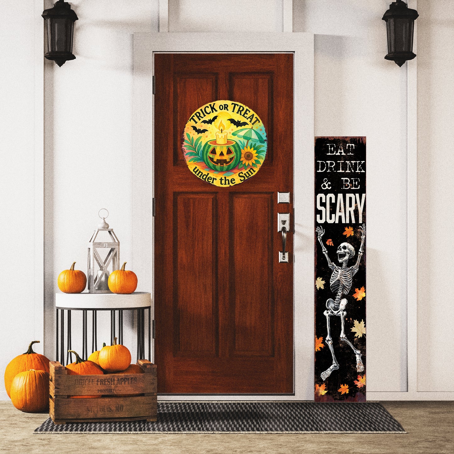 Trick or Treat Under the Sun Door Hanger – Summerween Pumpkin Sign – UV Print Round Décor for Front Door or Porch