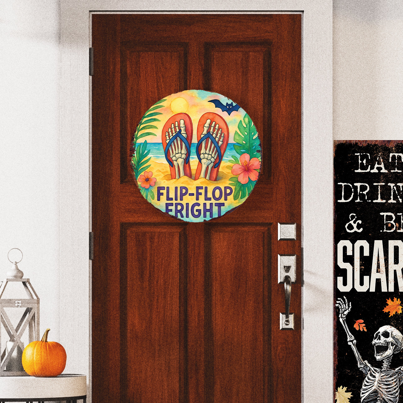 Flip-Flop Fright Summerween Door Hanger – Tropical Skeleton Feet Sign – Round UV Print Décor for Door, Porch, or Patio