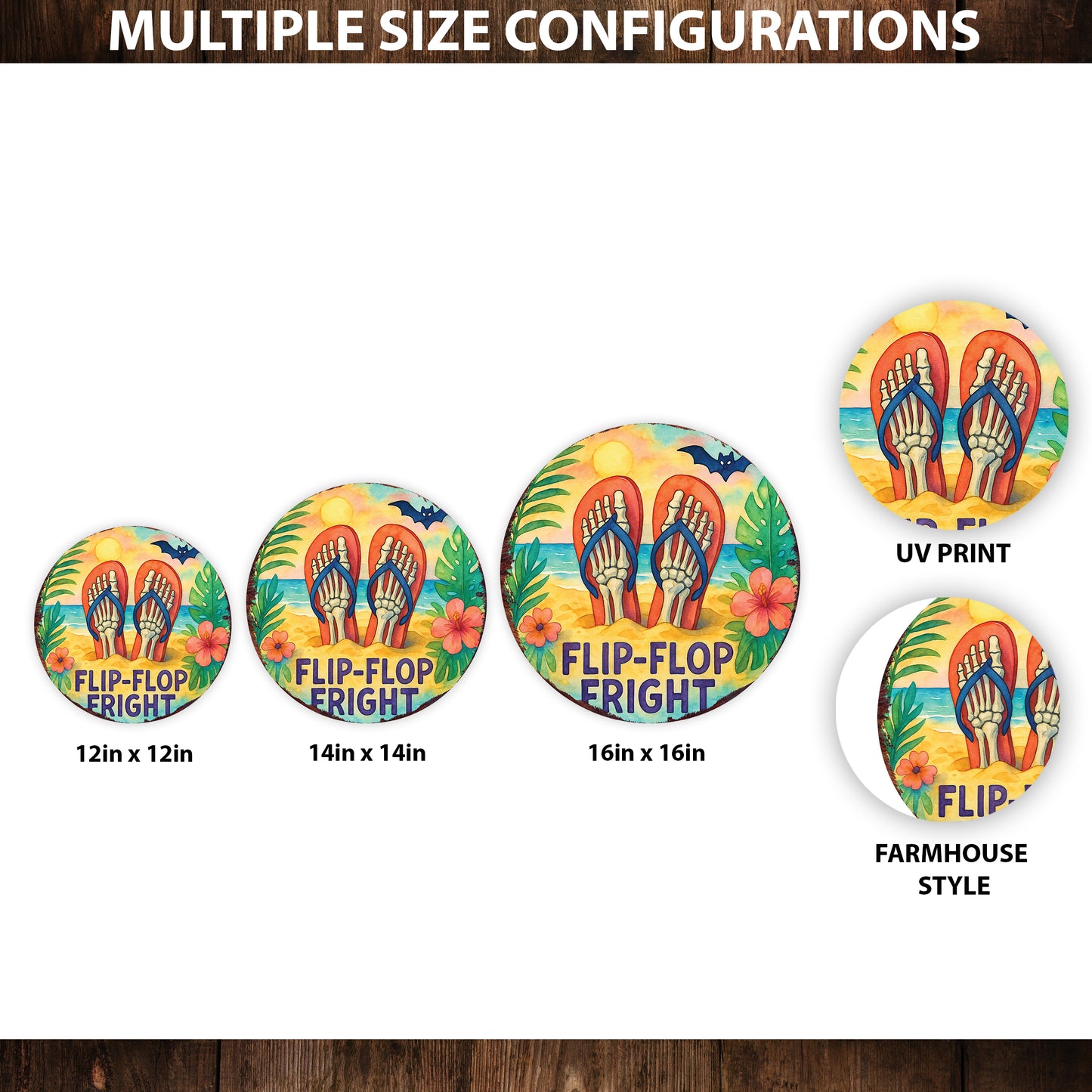 Flip-Flop Fright Summerween Door Hanger – Tropical Skeleton Feet Sign – Round UV Print Décor for Door, Porch, or Patio