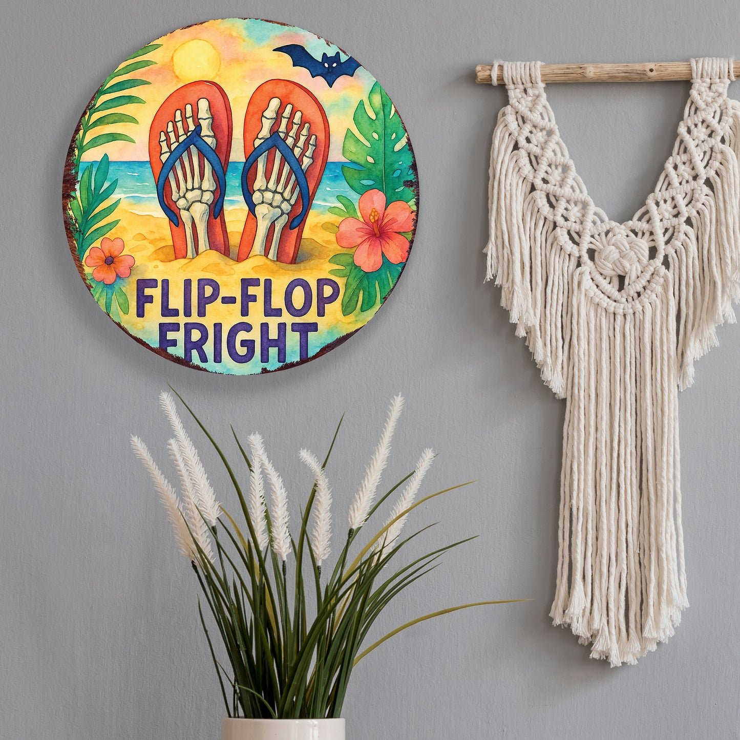 Flip-Flop Fright Summerween Door Hanger – Tropical Skeleton Feet Sign – Round UV Print Décor for Door, Porch, or Patio