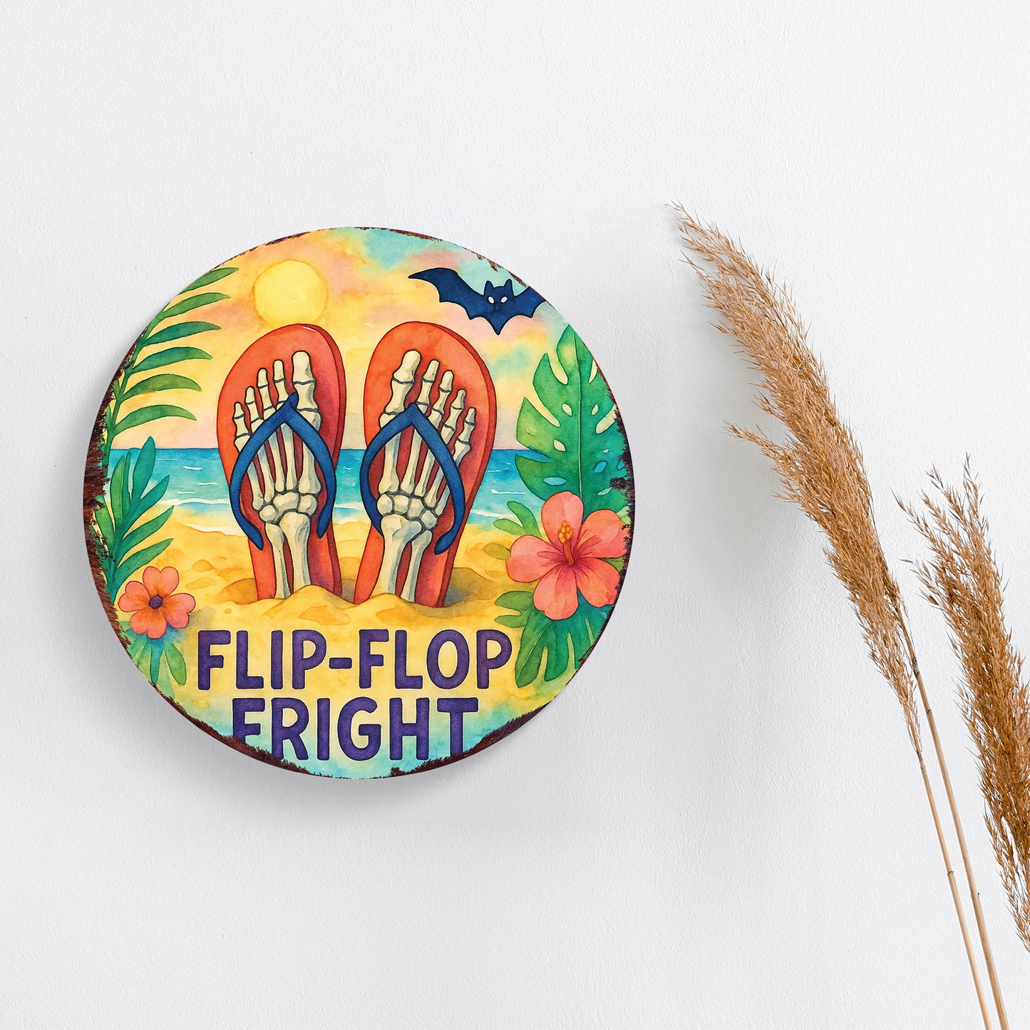 Flip-Flop Fright Summerween Door Hanger – Tropical Skeleton Feet Sign – Round UV Print Décor for Door, Porch, or Patio