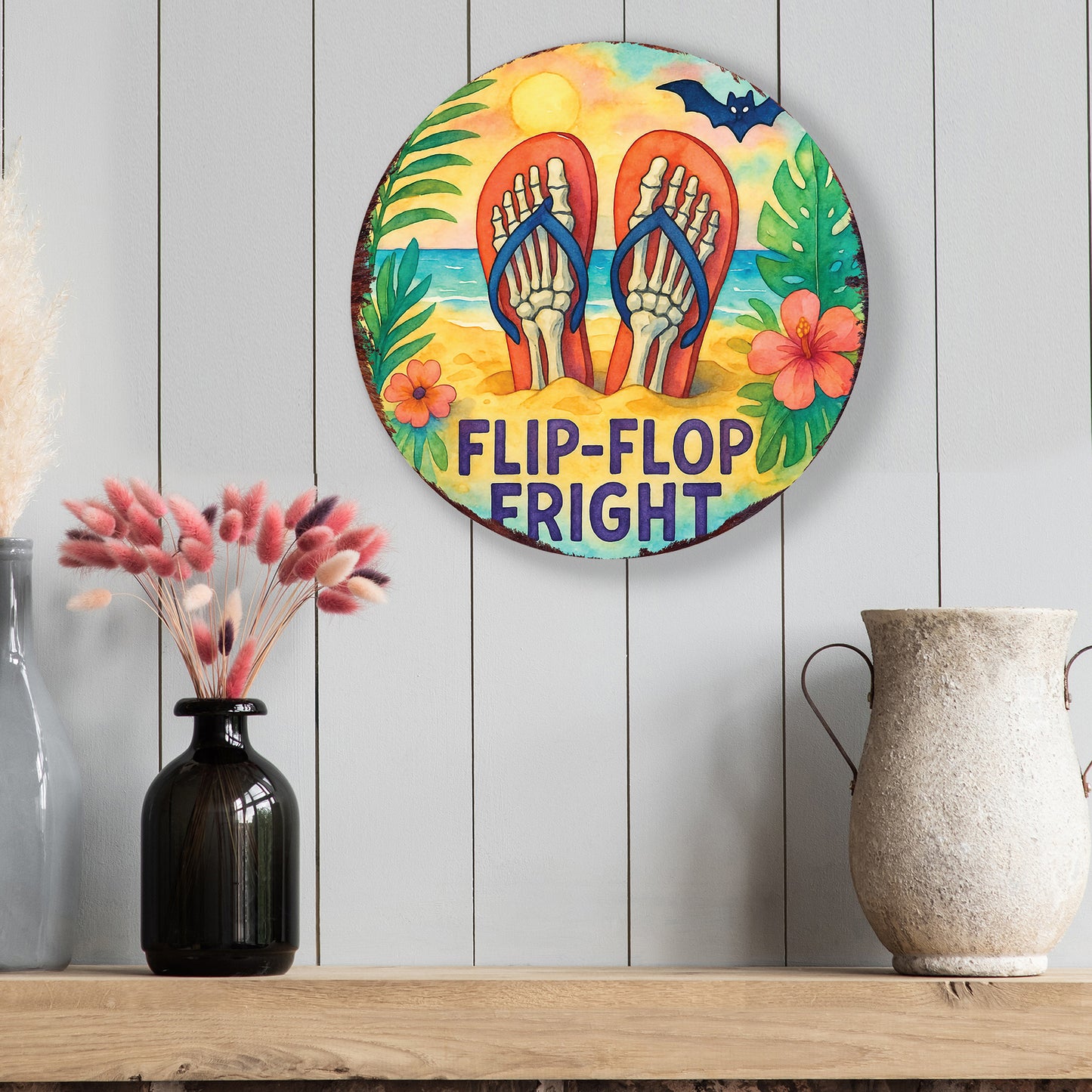Flip-Flop Fright Summerween Door Hanger – Tropical Skeleton Feet Sign – Round UV Print Décor for Door, Porch, or Patio