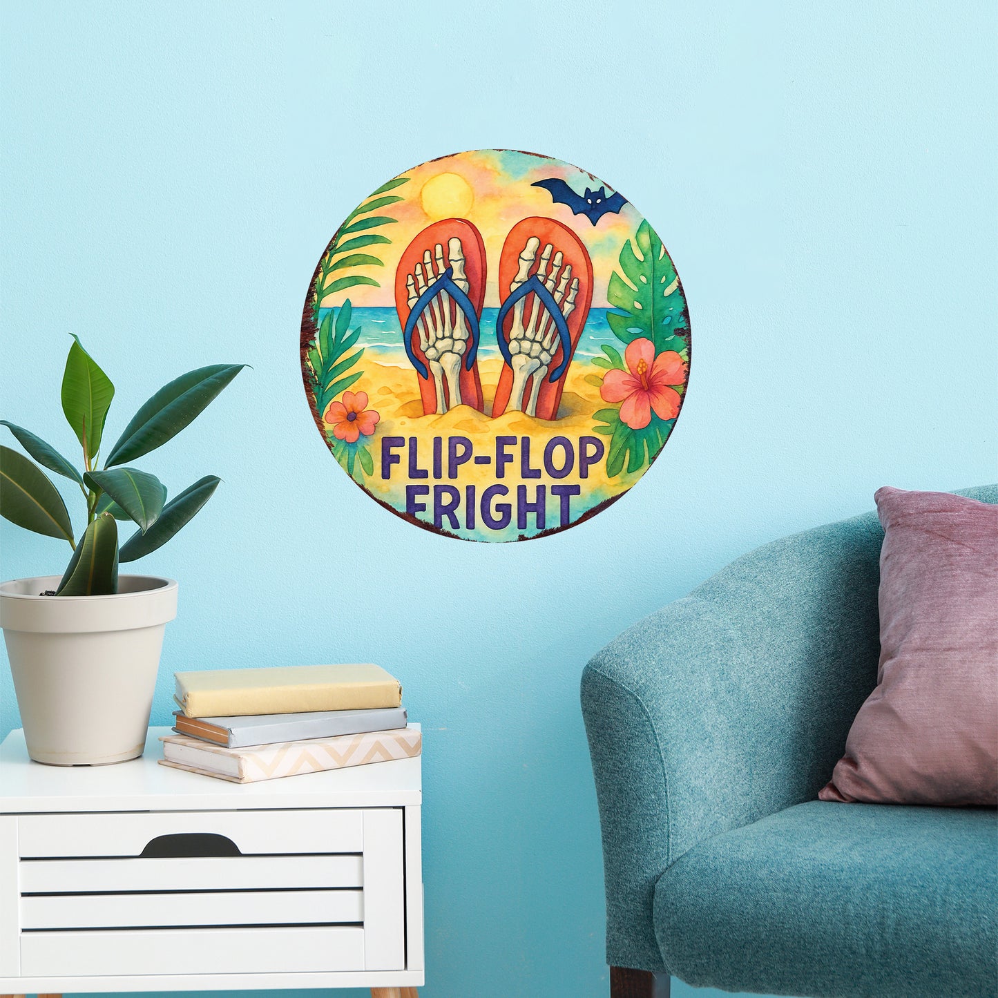 Flip-Flop Fright Summerween Door Hanger – Tropical Skeleton Feet Sign – Round UV Print Décor for Door, Porch, or Patio