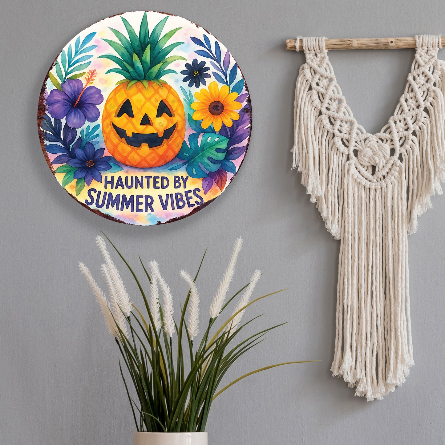 Haunted by Summer Vibes Summerween Door Hanger – Tropical Pumpkin Pineapple Sign – UV Print Décor for Door, Porch, or Patio