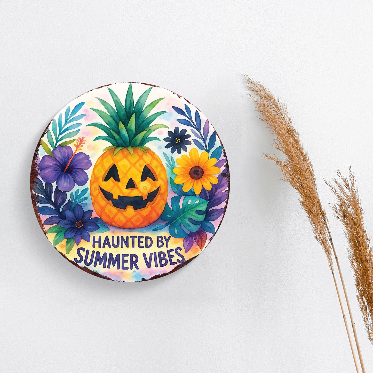 Haunted by Summer Vibes Summerween Door Hanger – Tropical Pumpkin Pineapple Sign – UV Print Décor for Door, Porch, or Patio