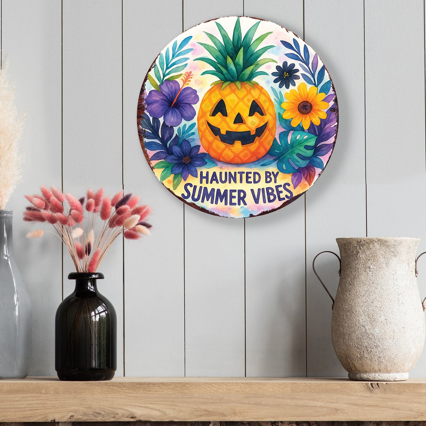 Haunted by Summer Vibes Summerween Door Hanger – Tropical Pumpkin Pineapple Sign – UV Print Décor for Door, Porch, or Patio
